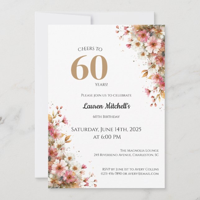 Convite de 60º Aniversário Estilo Floral Dourado E (Frente)