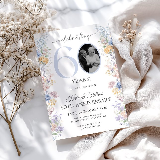 Convite de 60º Aniversário Floral Com Foto (Criador carregado)
