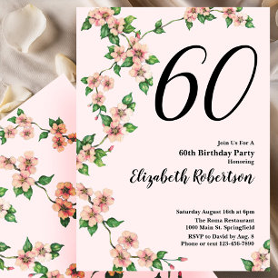 Convite de 60º Aniversário Floral em Rosa Bege