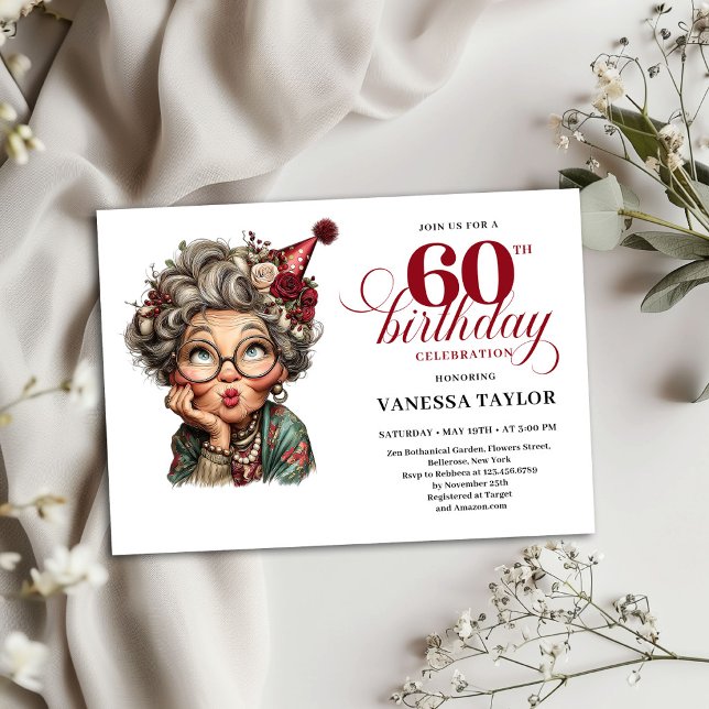 Convite de 60º Aniversário Humor Design de Velha S (60th Birthday Invitation Humor Old Lady Design)