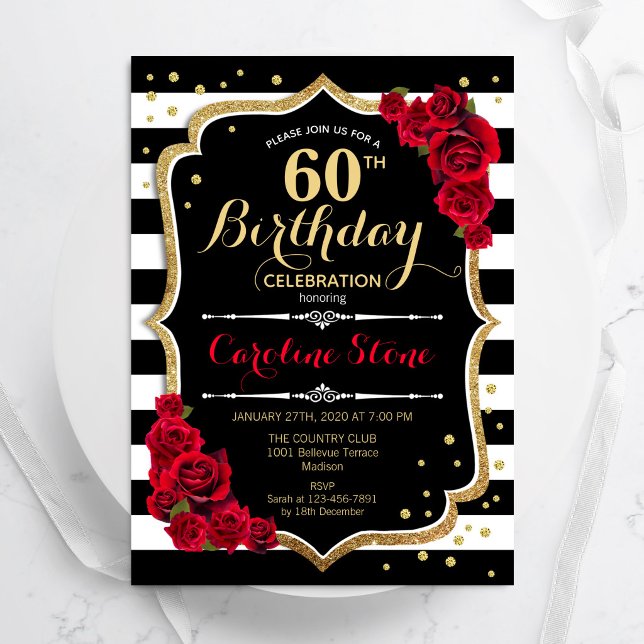 Convite de 60º Aniversário Listras Pretas e Branca (Criador carregado)