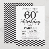 Convite de 60º Aniversário Preto e Branco Chevron