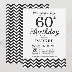 Convite de 60º Aniversário Preto e Branco Chevron