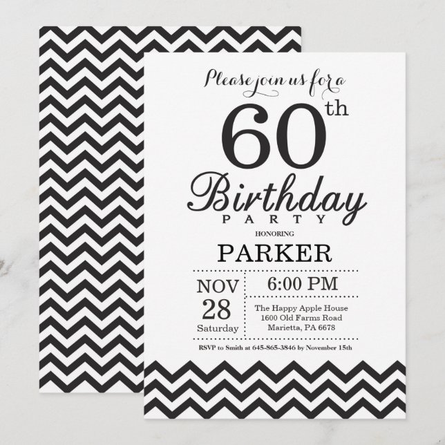 Convite de 60º Aniversário Preto e Branco Chevron (Frente/Verso)