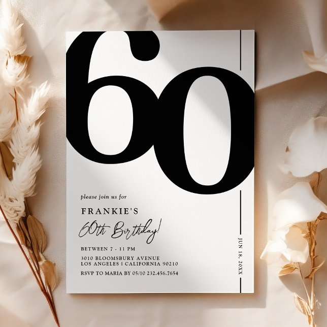 Convite de 60º Aniversário Preto e Branco Elegante (Criador carregado)