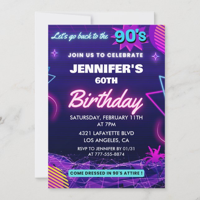 convite de 60º aniversário tema retrô anos 90 (Frente)
