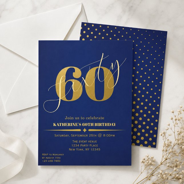 Convite de 60 Anos Azul e Dourado Elegante (Criador carregado)