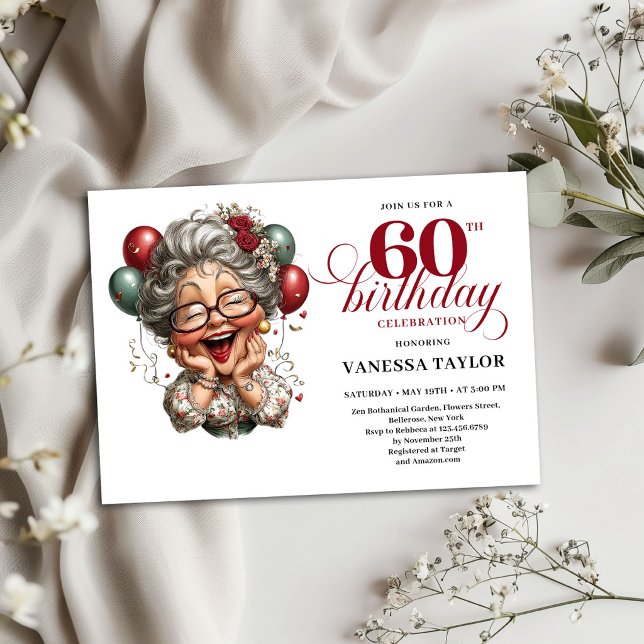 Convite de 60 Anos de Idade Engraçado Tema de Humo (60th Birthday Invitation Funny Lady Humor Theme)