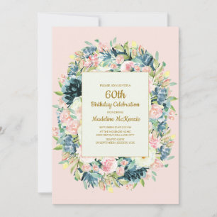 Convite de 60 Anos Feminino Floral Vintage Rosa Ve