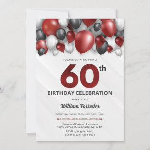 Convite de 60 Anos Preto, Vermelho, Prata e Branco