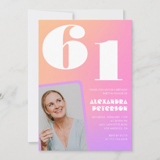 Convite de 61º aniversário com foto retrô gradient (Frente)