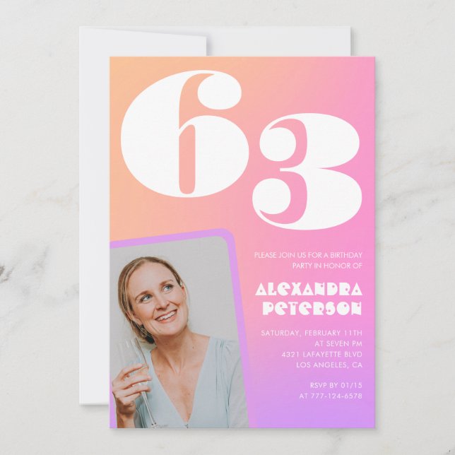Convite de 63º aniversário com foto retrô gradient (Frente)