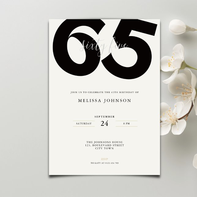 Convite de 65º Aniversário Elegante - Estilo Minim (Criador carregado)