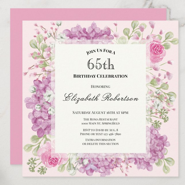 Convite de 65º Aniversário Elegantes Flores Rosa (Criador carregado)