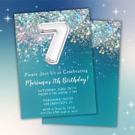 Convite de 7º Aniversário Brilho Teal Prata