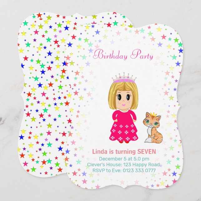 Convite de 7º Aniversário da Princesa Fofa com Gat (Frente/Verso)