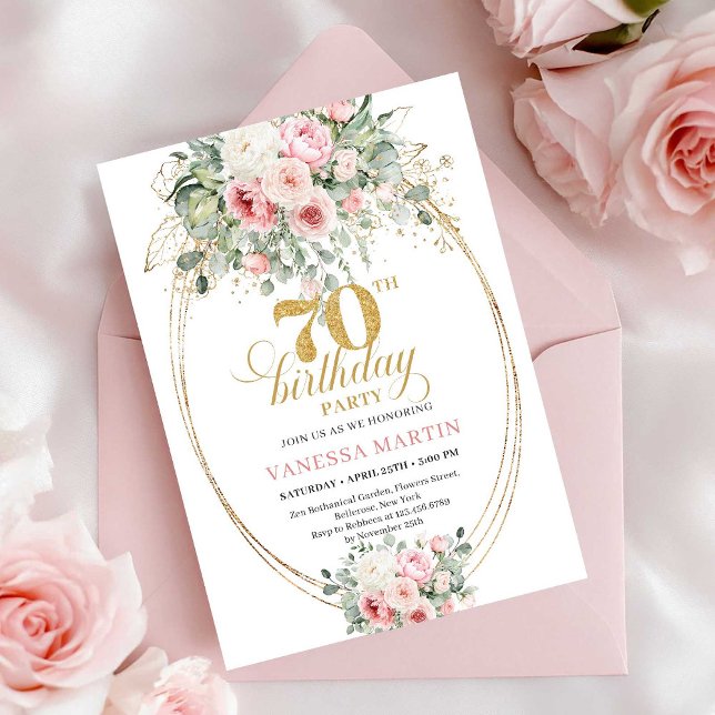 Convite de 70º Aniversário Atemporal Bege e Dourad (Timeless Blush and Gold 70th Birthday Invitation)