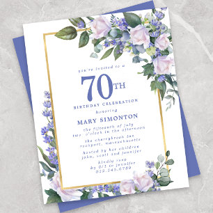 Convite de 70º aniversário azul branco floral econ