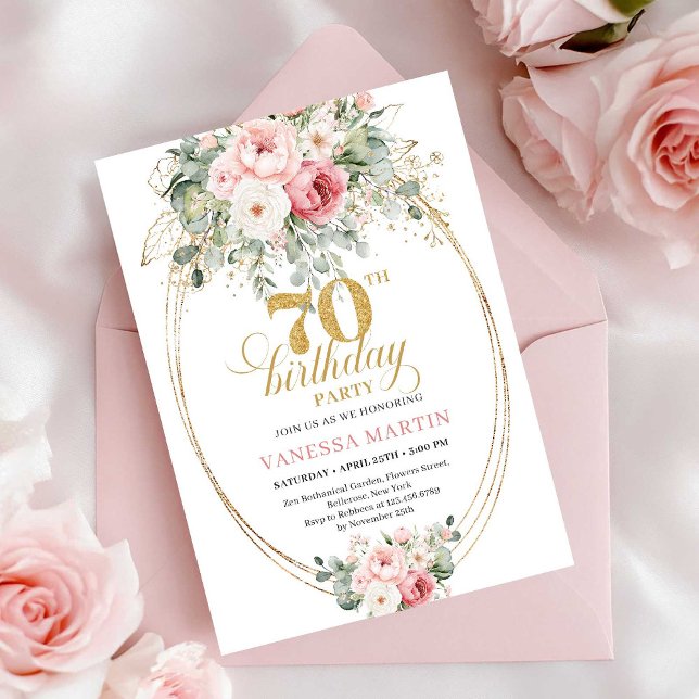 Convite de 70º Aniversário com Rosa Mínimo e Doura (Minimal Blush and Gold 70th Birthday Invitation)