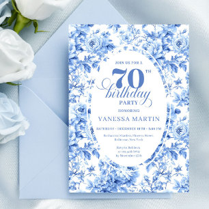 Convite de 70º aniversário em azul poeirento flora
