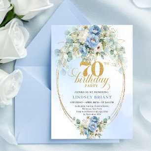 Convite de 70º Aniversário Floral Azul Dourado Ele