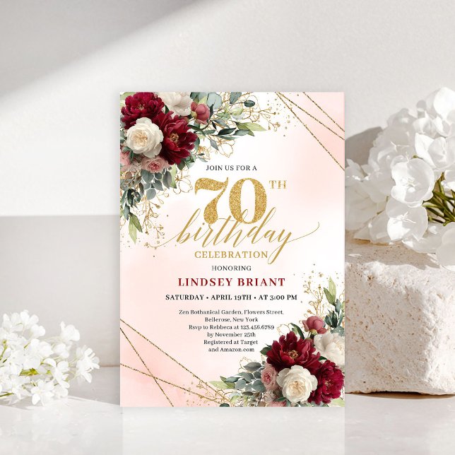Convite de 70º Aniversário Floral Boho Rústico Bor (Rustic Boho Burgundy Floral 70th Birthday Invitation)