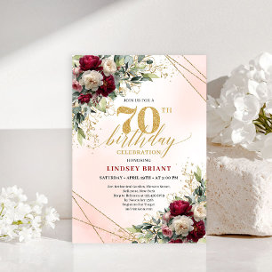 Convite de 70º Aniversário Floral Dourado Elegante