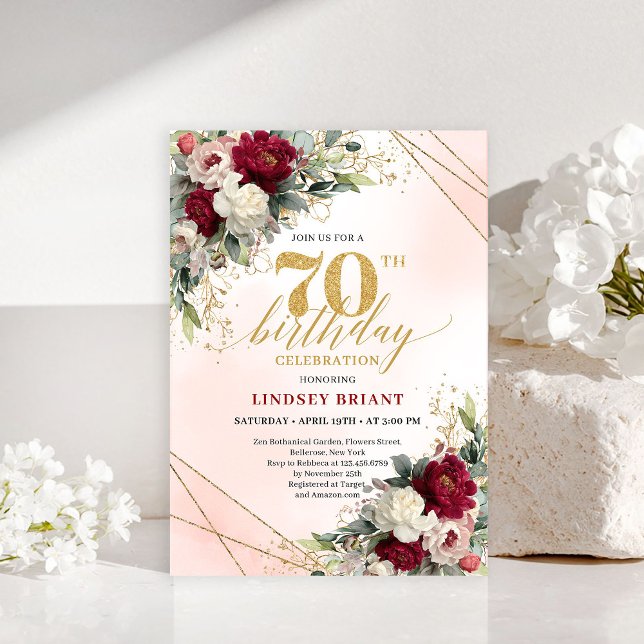 Convite de 70º aniversário floral dourado para imp (Printable floral gold 70th birthday invite design

)