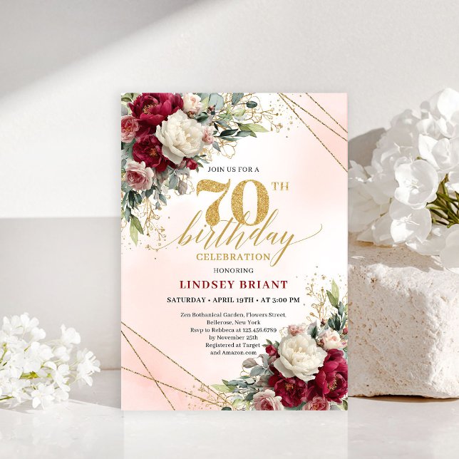 Convite de 70º Aniversário Floral Romântico Dourad (Romantic Floral Gold 70th Birthday Invitation)