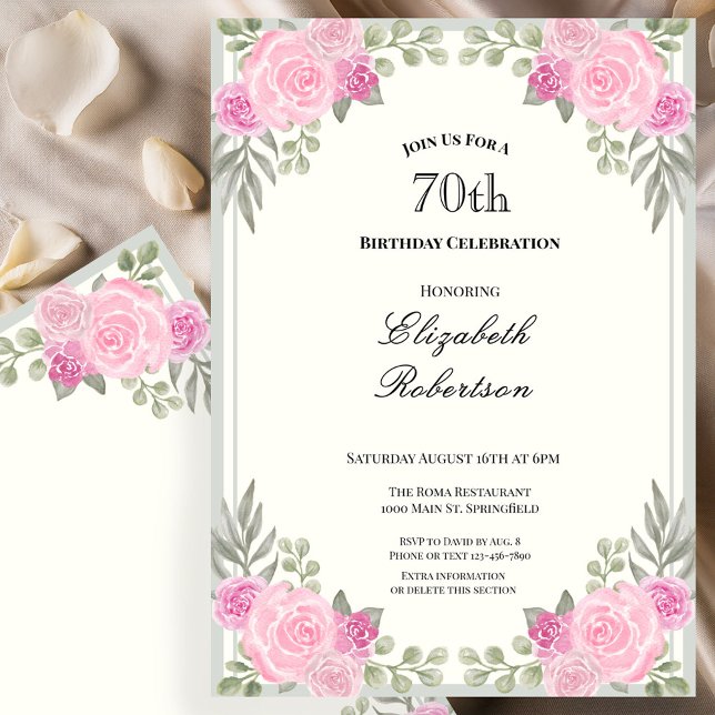 Convite de 70º Aniversário Floral Rosa e Verde Sag (Criador carregado)