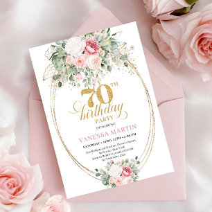 Convite de 70º Aniversário Floral Rosa Pálido Chic