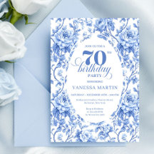 Convite de 70º Aniversário Floral Toile Azul Real