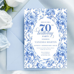 Convite de 70º Aniversário Floral Toile Azul Real