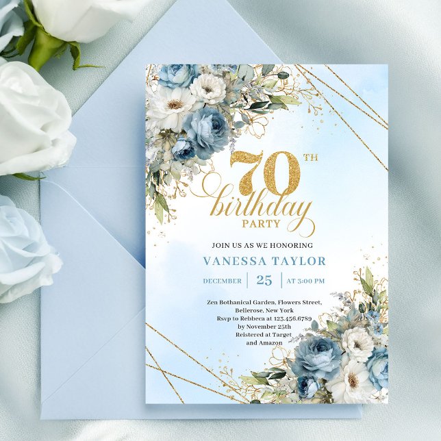 Convite de 70º Aniversário Glam Boêmio Dourado (Glam Bohemian Gold 70th Birthday Invitation)