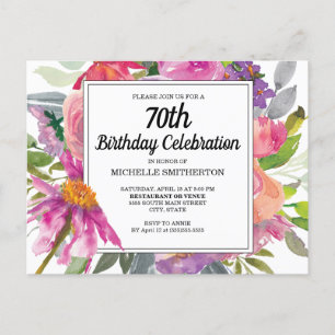 Convite de 70 Anos de Mulher com Flores Rosa Roxo