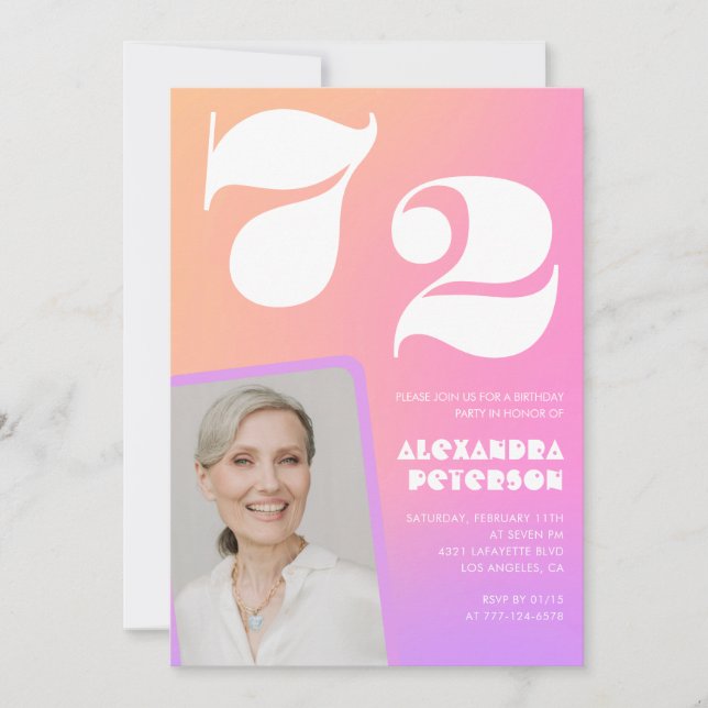 Convite de 72º aniversário com foto retrô gradient (Frente)