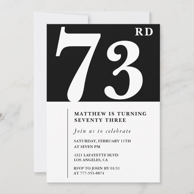 Convite de 73º aniversário preto e branco elegante (Frente)