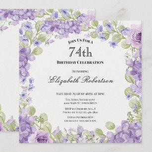 Convite de 74º Aniversário Floral Roxo Elegante