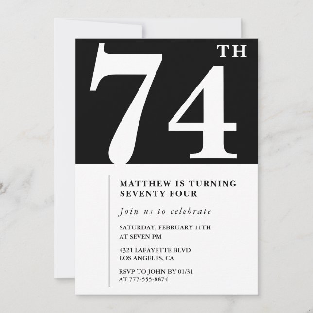 Convite de 74º aniversário preto e branco elegante (Frente)