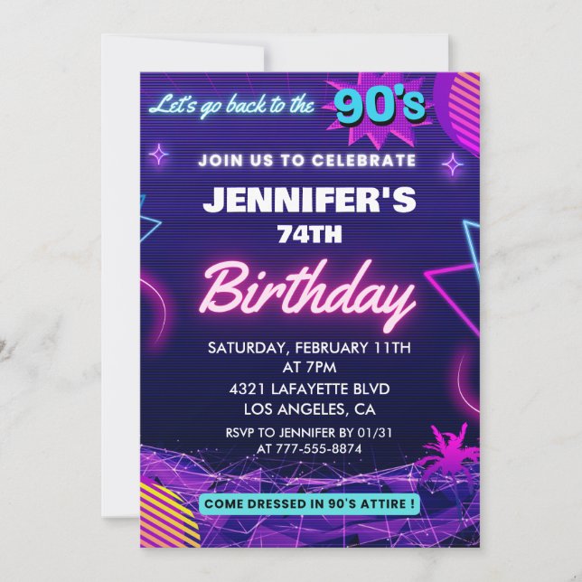 convite de 74º aniversário tema anos 90 Retro (Frente)
