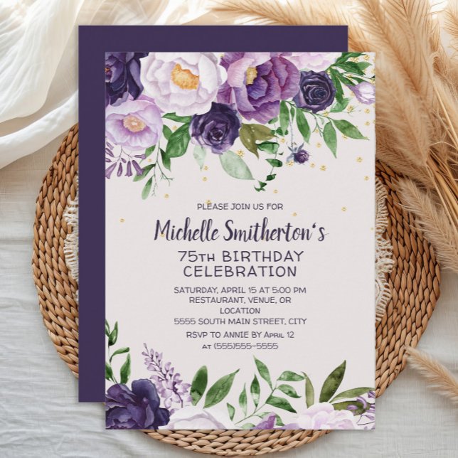Convite de 75º Aniversário com Purpurina Floral Ro (Purple floral women's 75th birthday party banner)