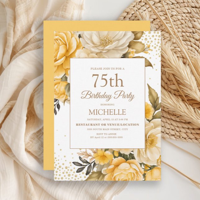 Convite de 75 Anos de Idade com Flores Amarelas e  (Yellow and ivory watercolor floral women's 75th birthday party invitation)