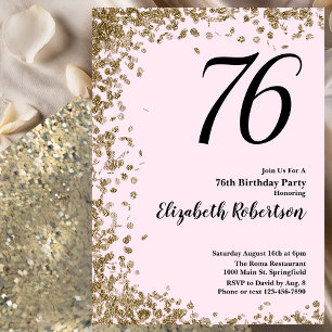 Convite de 76º Aniversário Elegante Rosa Dourado c