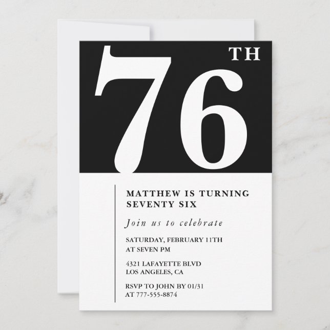 Convite de 76º aniversário preto e branco elegante (Frente)