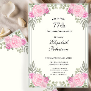 Convite de 77º Aniversário Floral Rosa e Verde Sag