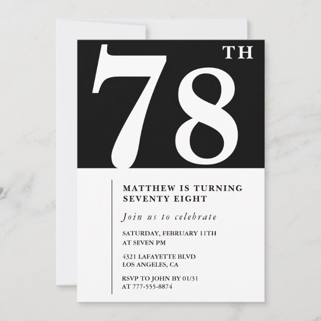 Convite de 78º aniversário preto e branco elegante (Frente)