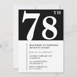 Convite de 78º aniversário preto e branco elegante