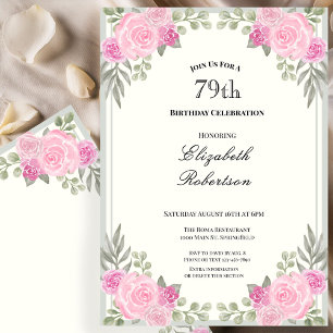 Convite de 79º Aniversário Floral Rosa e Verde Sag