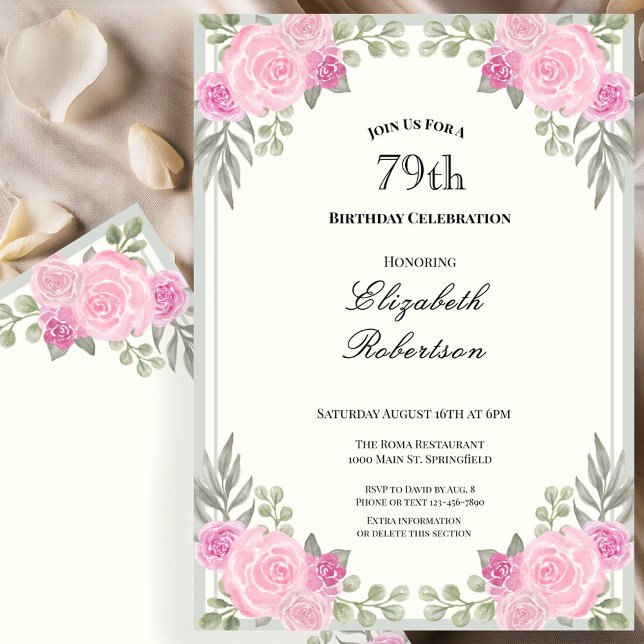 Convite de 79º Aniversário Floral Rosa e Verde Sag (Criador carregado)