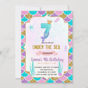 Convite de 7 de aniversário de uma sereia